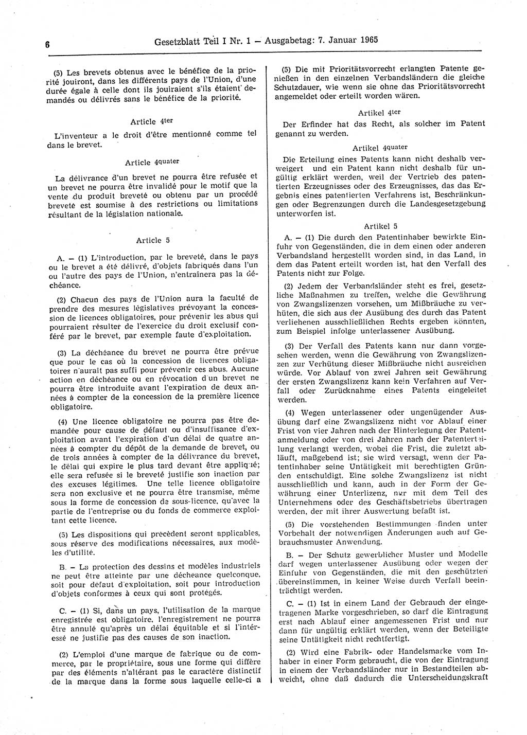 Gesetzblatt (GBl.) der Deutschen Demokratischen Republik (DDR) Teil Ⅰ 1965, Seite 6 (GBl. DDR Ⅰ 1965, S. 6)