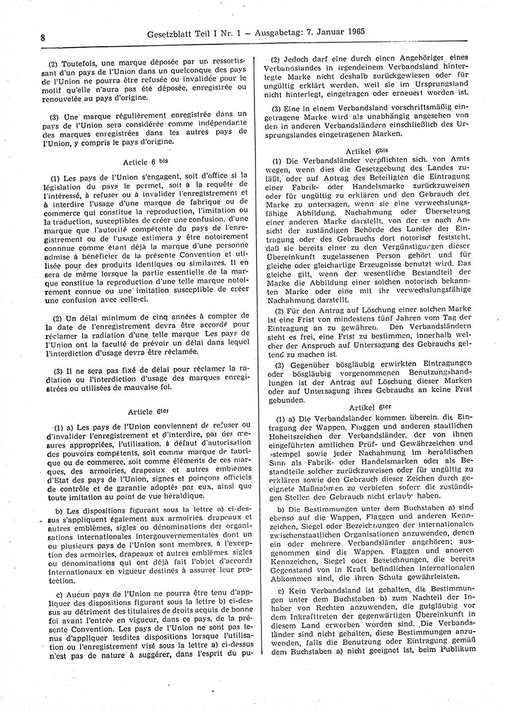 Gesetzblatt (GBl.) der Deutschen Demokratischen Republik (DDR) Teil Ⅰ 1965, Seite 8 (GBl. DDR Ⅰ 1965, S. 8)