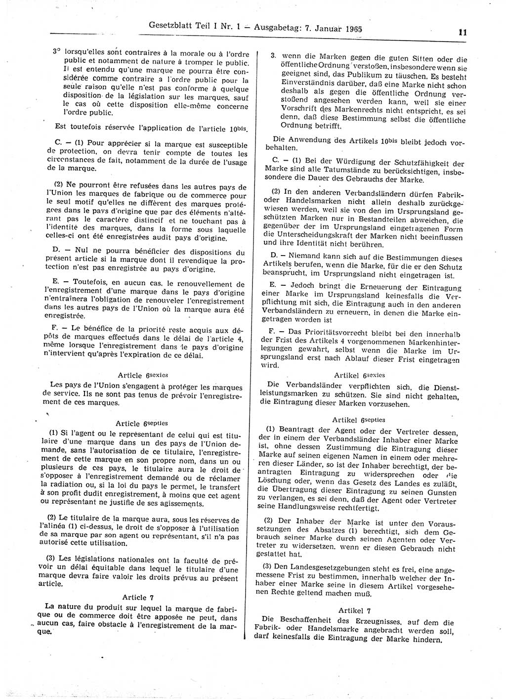 Gesetzblatt (GBl.) der Deutschen Demokratischen Republik (DDR) Teil Ⅰ 1965, Seite 11 (GBl. DDR Ⅰ 1965, S. 11)