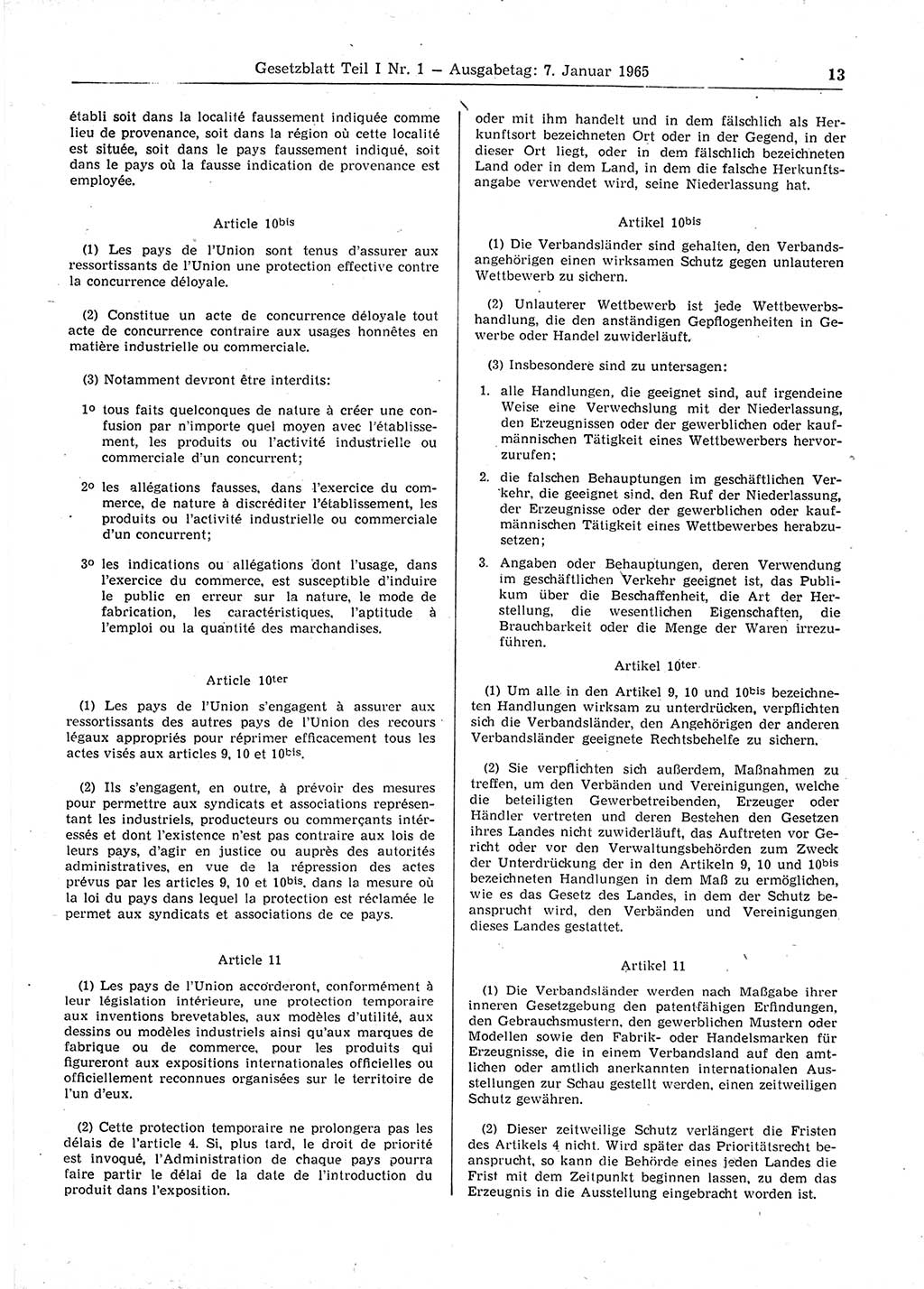 Gesetzblatt (GBl.) der Deutschen Demokratischen Republik (DDR) Teil Ⅰ 1965, Seite 13 (GBl. DDR Ⅰ 1965, S. 13)