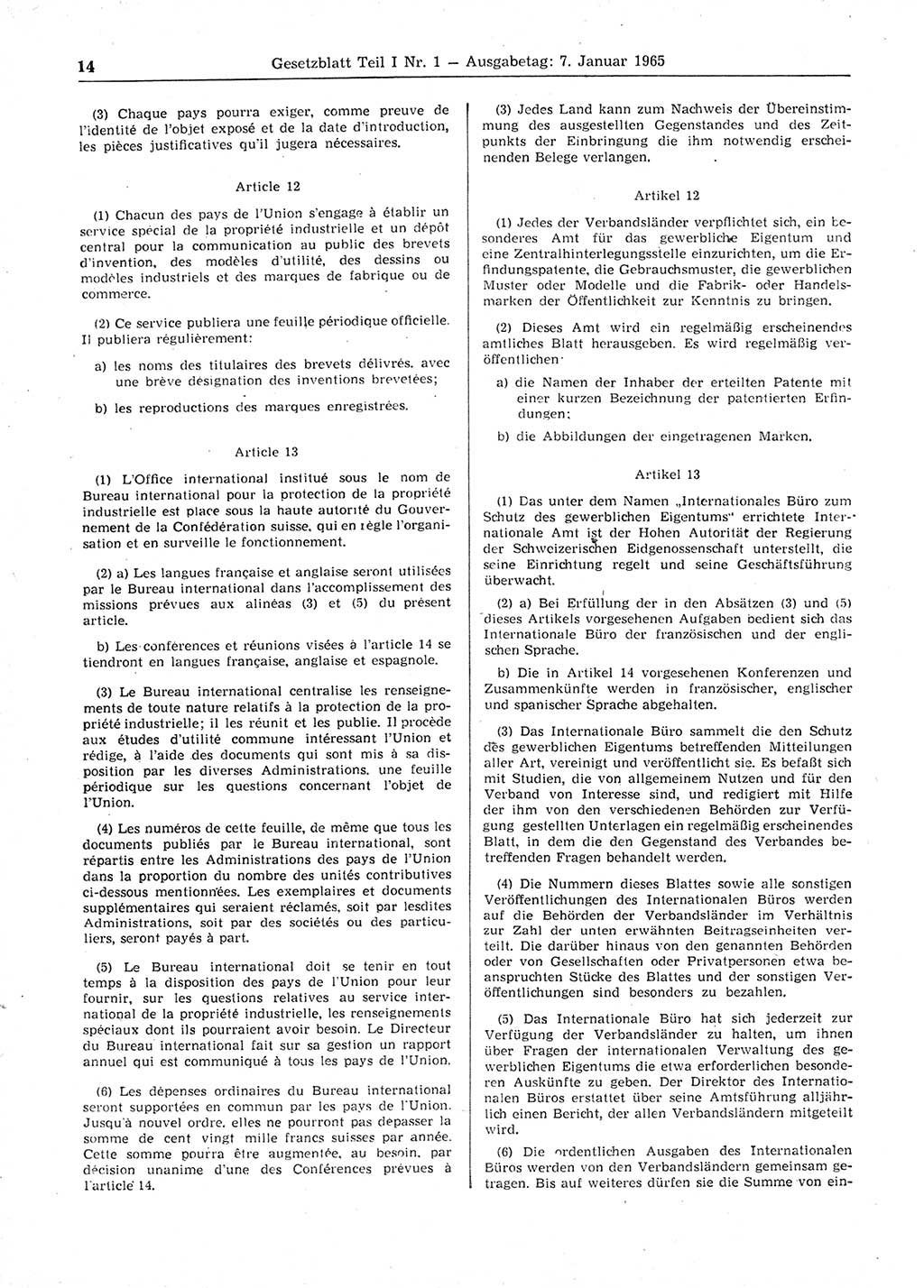 Gesetzblatt (GBl.) der Deutschen Demokratischen Republik (DDR) Teil Ⅰ 1965, Seite 14 (GBl. DDR Ⅰ 1965, S. 14)