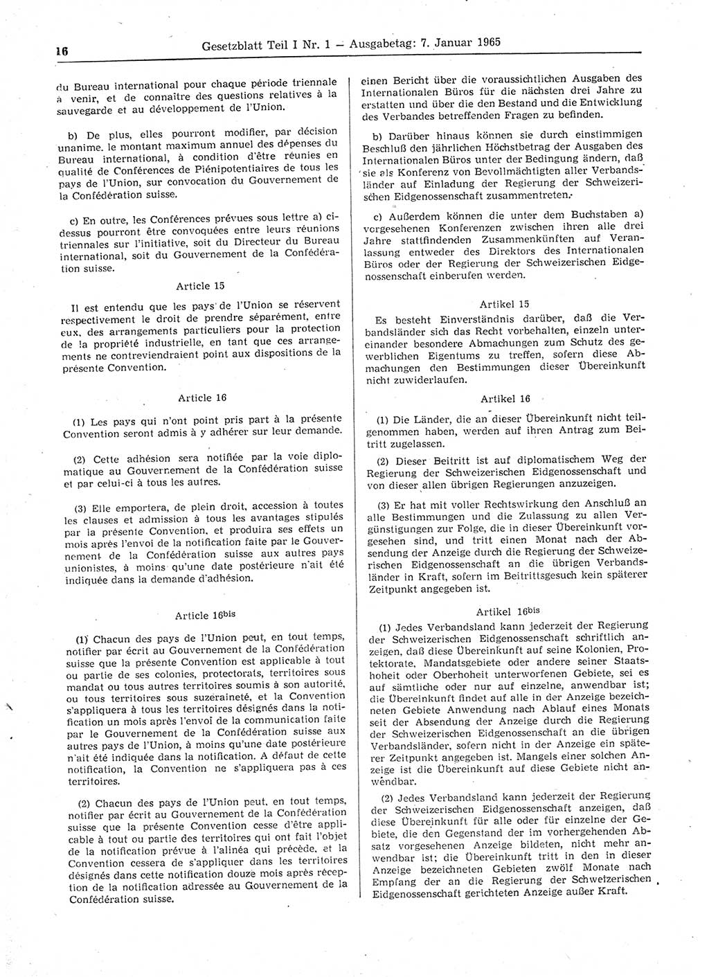 Gesetzblatt (GBl.) der Deutschen Demokratischen Republik (DDR) Teil Ⅰ 1965, Seite 16 (GBl. DDR Ⅰ 1965, S. 16)