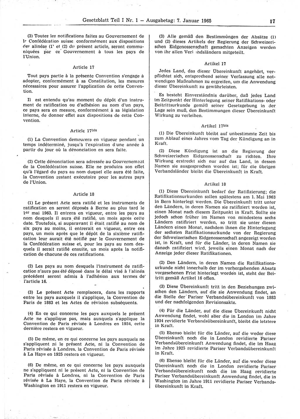Gesetzblatt (GBl.) der Deutschen Demokratischen Republik (DDR) Teil Ⅰ 1965, Seite 17 (GBl. DDR Ⅰ 1965, S. 17)