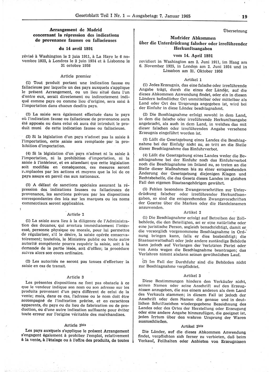 Gesetzblatt (GBl.) der Deutschen Demokratischen Republik (DDR) Teil Ⅰ 1965, Seite 19 (GBl. DDR Ⅰ 1965, S. 19)