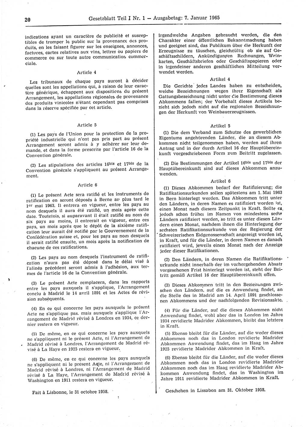 Gesetzblatt (GBl.) der Deutschen Demokratischen Republik (DDR) Teil Ⅰ 1965, Seite 20 (GBl. DDR Ⅰ 1965, S. 20)