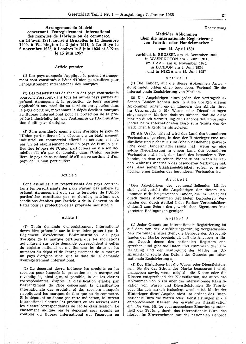Gesetzblatt (GBl.) der Deutschen Demokratischen Republik (DDR) Teil Ⅰ 1965, Seite 21 (GBl. DDR Ⅰ 1965, S. 21)