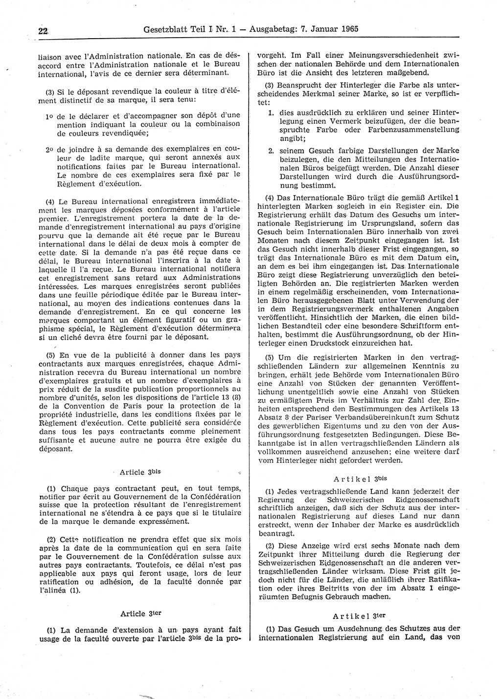 Gesetzblatt (GBl.) der Deutschen Demokratischen Republik (DDR) Teil Ⅰ 1965, Seite 22 (GBl. DDR Ⅰ 1965, S. 22)