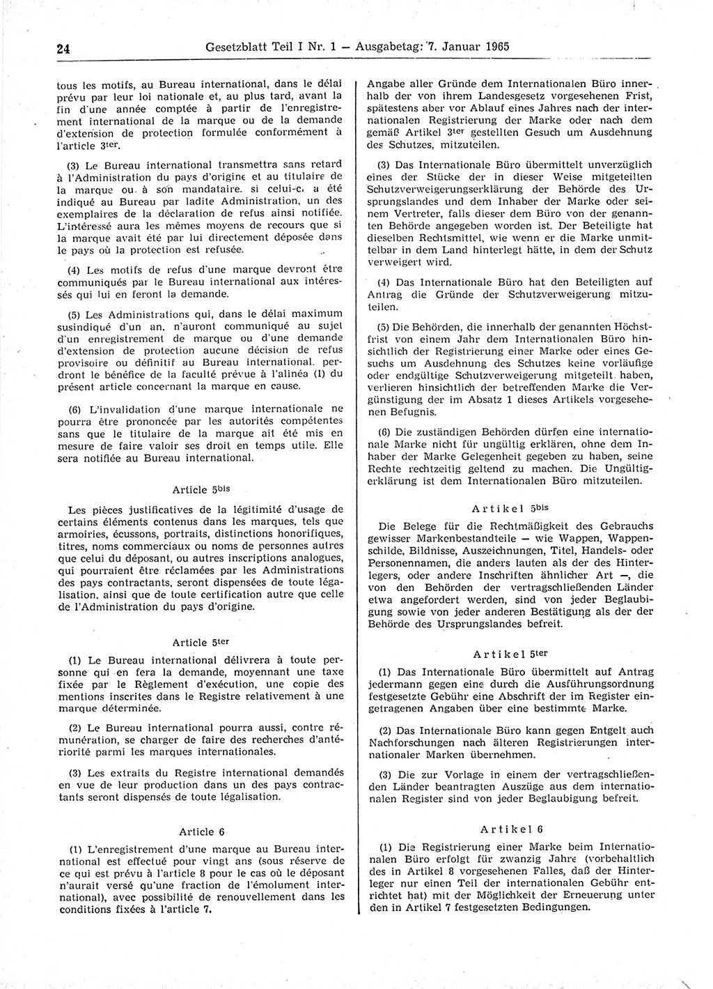 Gesetzblatt (GBl.) der Deutschen Demokratischen Republik (DDR) Teil Ⅰ 1965, Seite 24 (GBl. DDR Ⅰ 1965, S. 24)