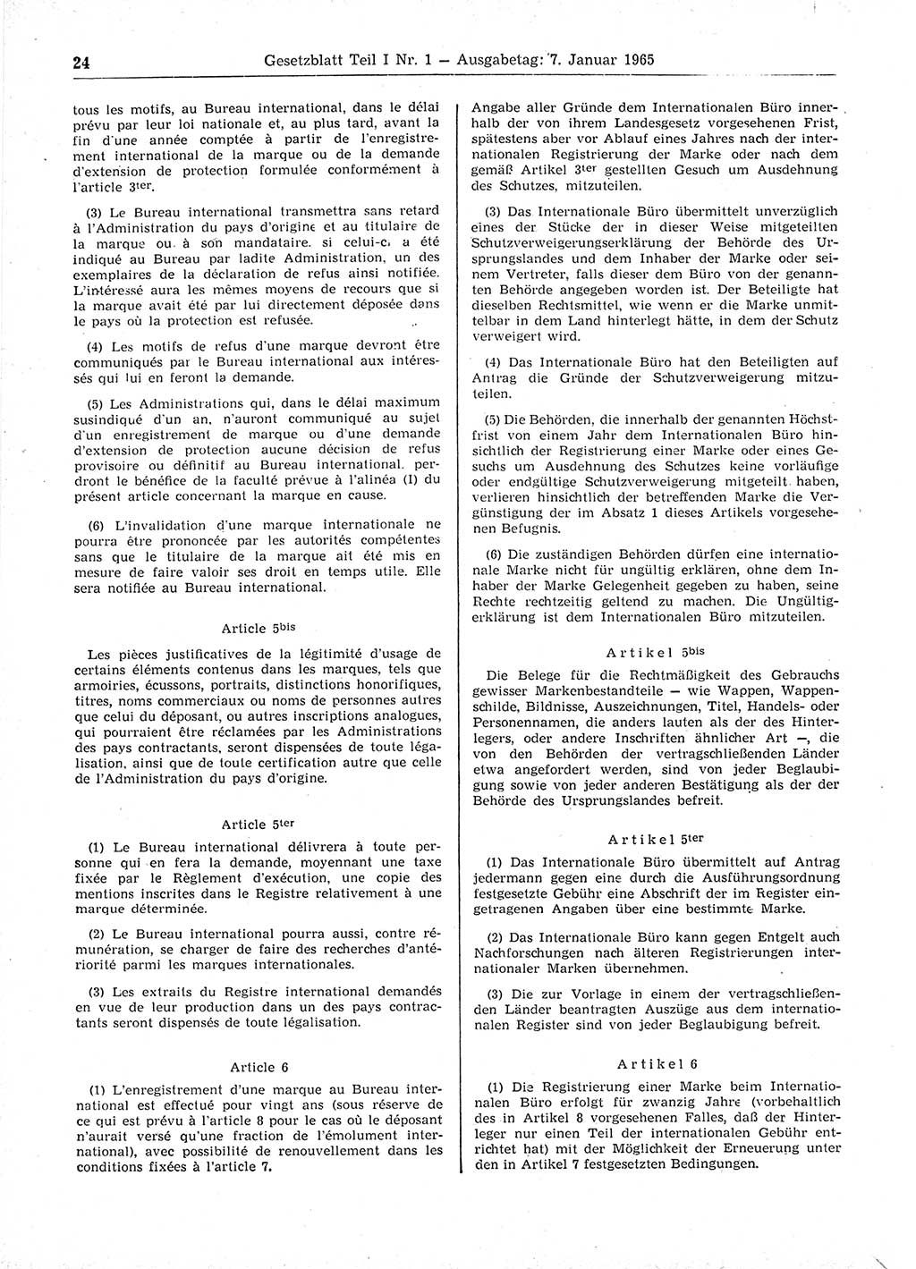 Gesetzblatt (GBl.) der Deutschen Demokratischen Republik (DDR) Teil Ⅰ 1965, Seite 24 (GBl. DDR Ⅰ 1965, S. 24)