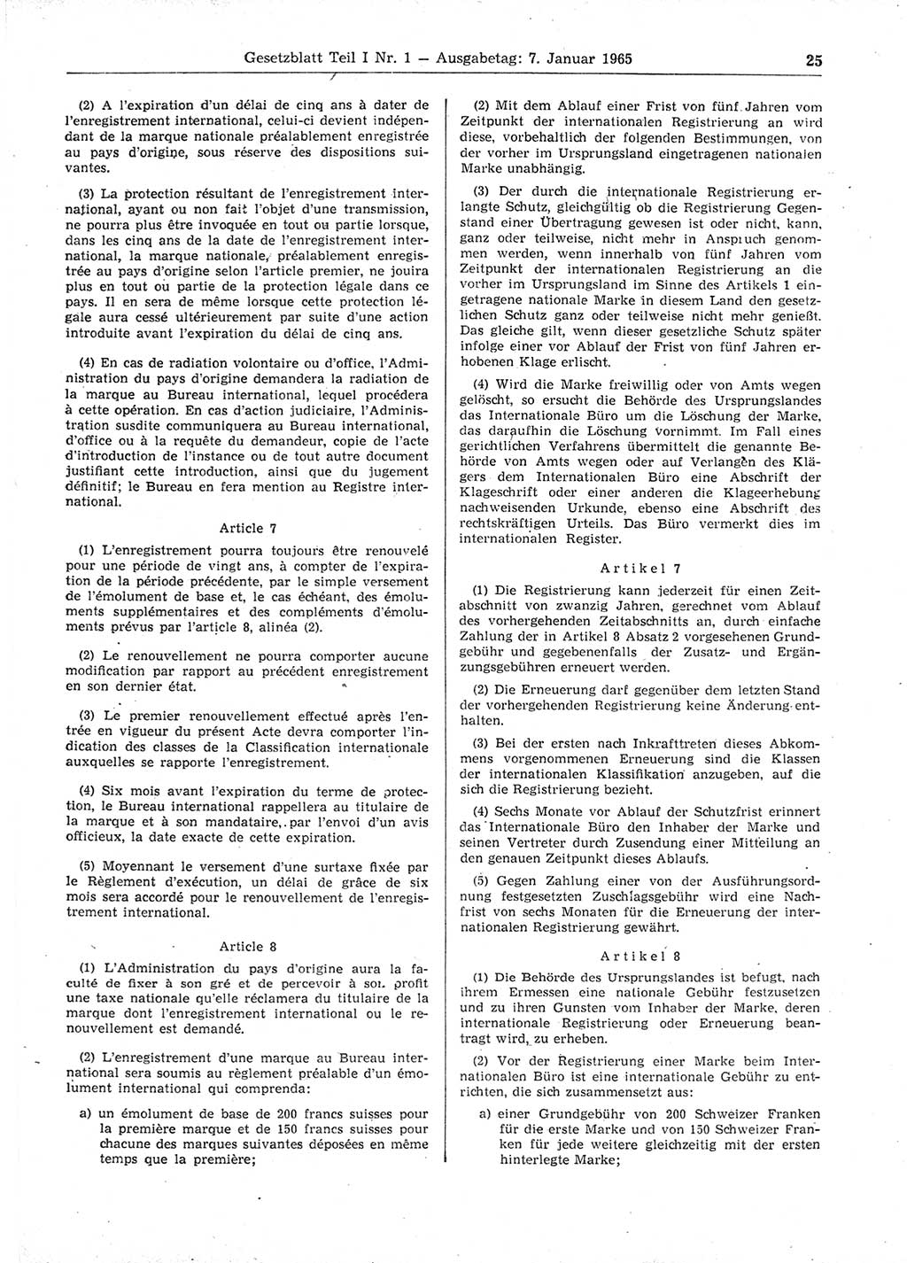 Gesetzblatt (GBl.) der Deutschen Demokratischen Republik (DDR) Teil Ⅰ 1965, Seite 25 (GBl. DDR Ⅰ 1965, S. 25)
