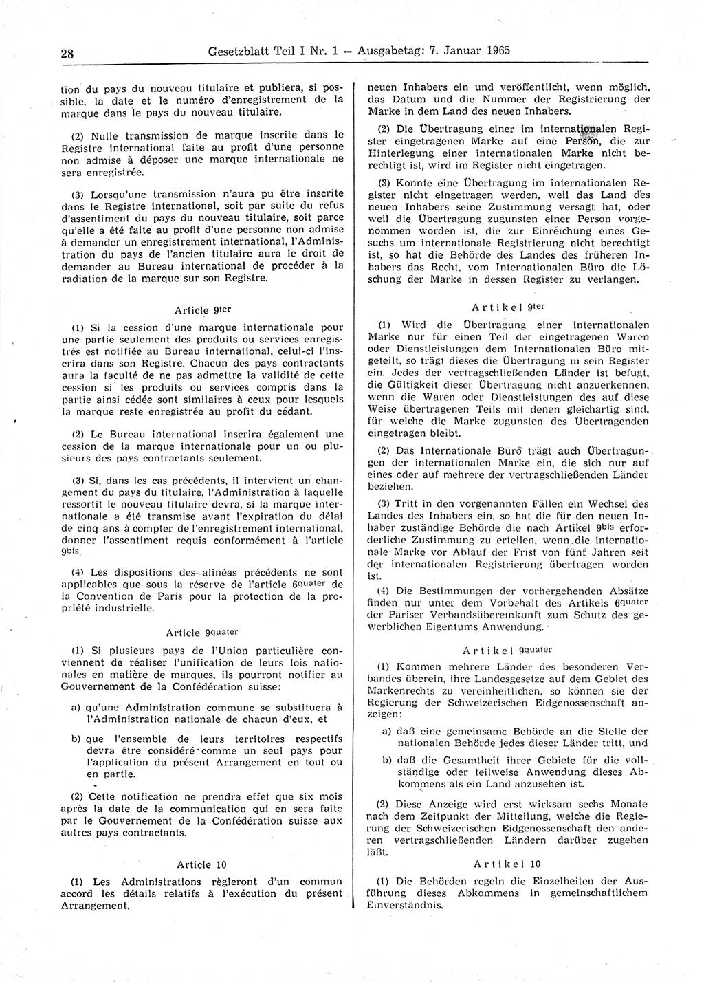 Gesetzblatt (GBl.) der Deutschen Demokratischen Republik (DDR) Teil Ⅰ 1965, Seite 28 (GBl. DDR Ⅰ 1965, S. 28)