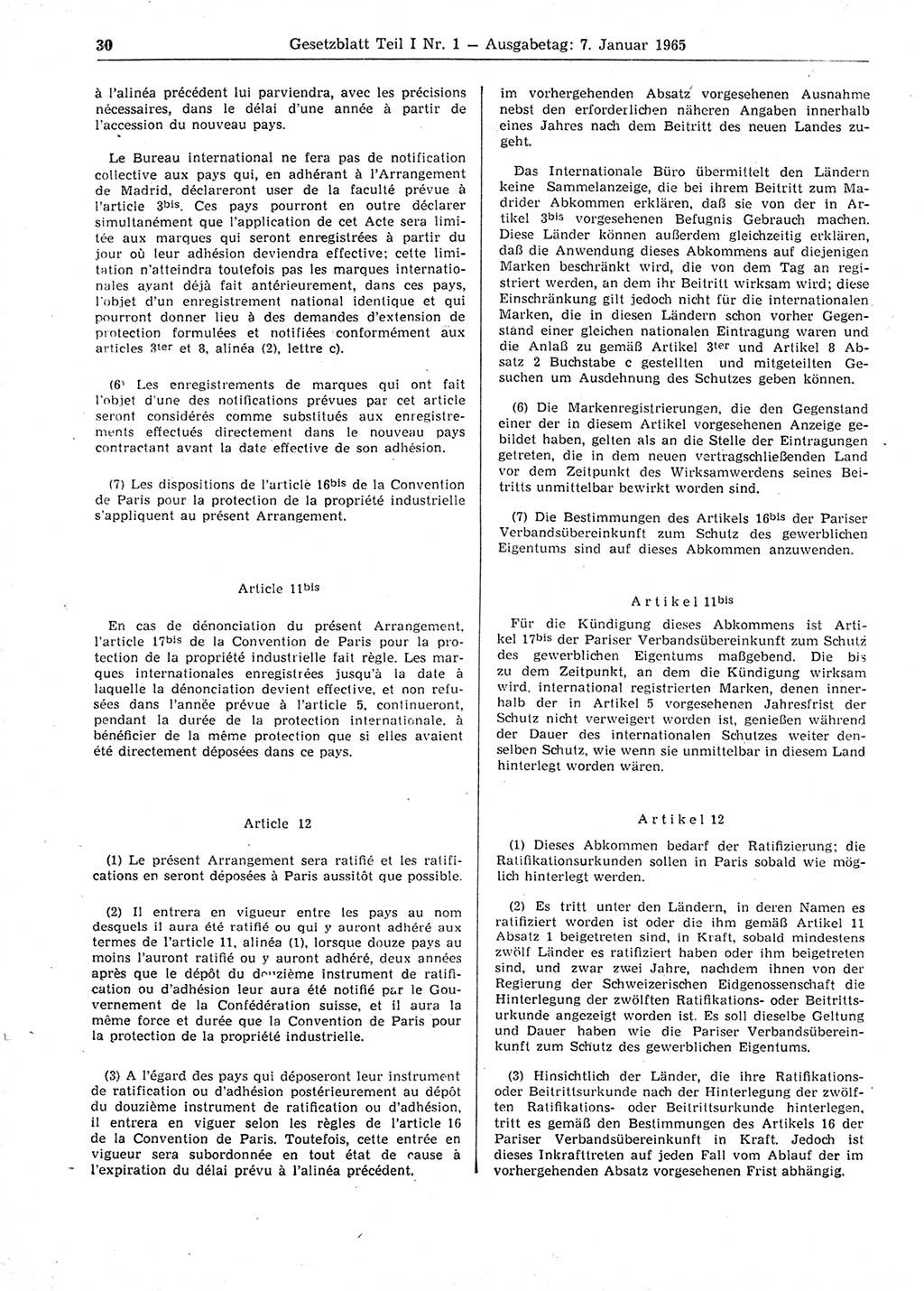 Gesetzblatt (GBl.) der Deutschen Demokratischen Republik (DDR) Teil Ⅰ 1965, Seite 30 (GBl. DDR Ⅰ 1965, S. 30)