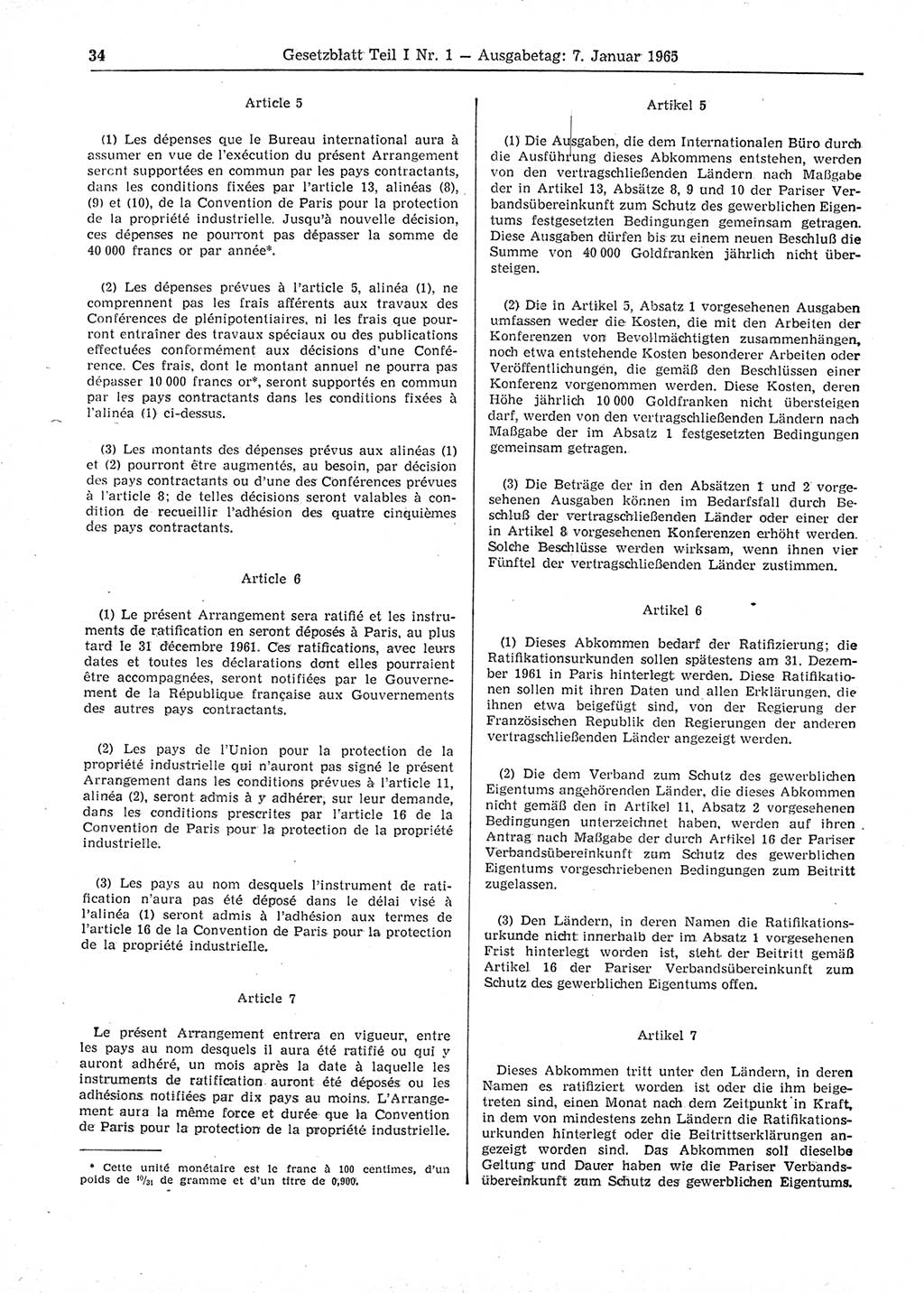 Gesetzblatt (GBl.) der Deutschen Demokratischen Republik (DDR) Teil Ⅰ 1965, Seite 34 (GBl. DDR Ⅰ 1965, S. 34)