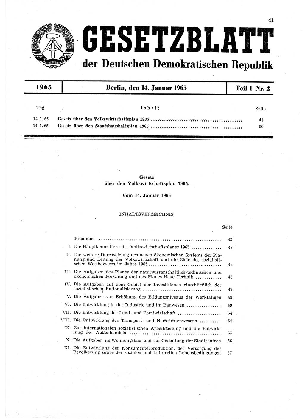 Gesetzblatt (GBl.) der Deutschen Demokratischen Republik (DDR) Teil Ⅰ 1965, Seite 41 (GBl. DDR Ⅰ 1965, S. 41)