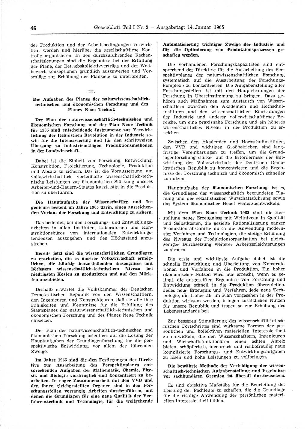 Gesetzblatt (GBl.) der Deutschen Demokratischen Republik (DDR) Teil Ⅰ 1965, Seite 46 (GBl. DDR Ⅰ 1965, S. 46)