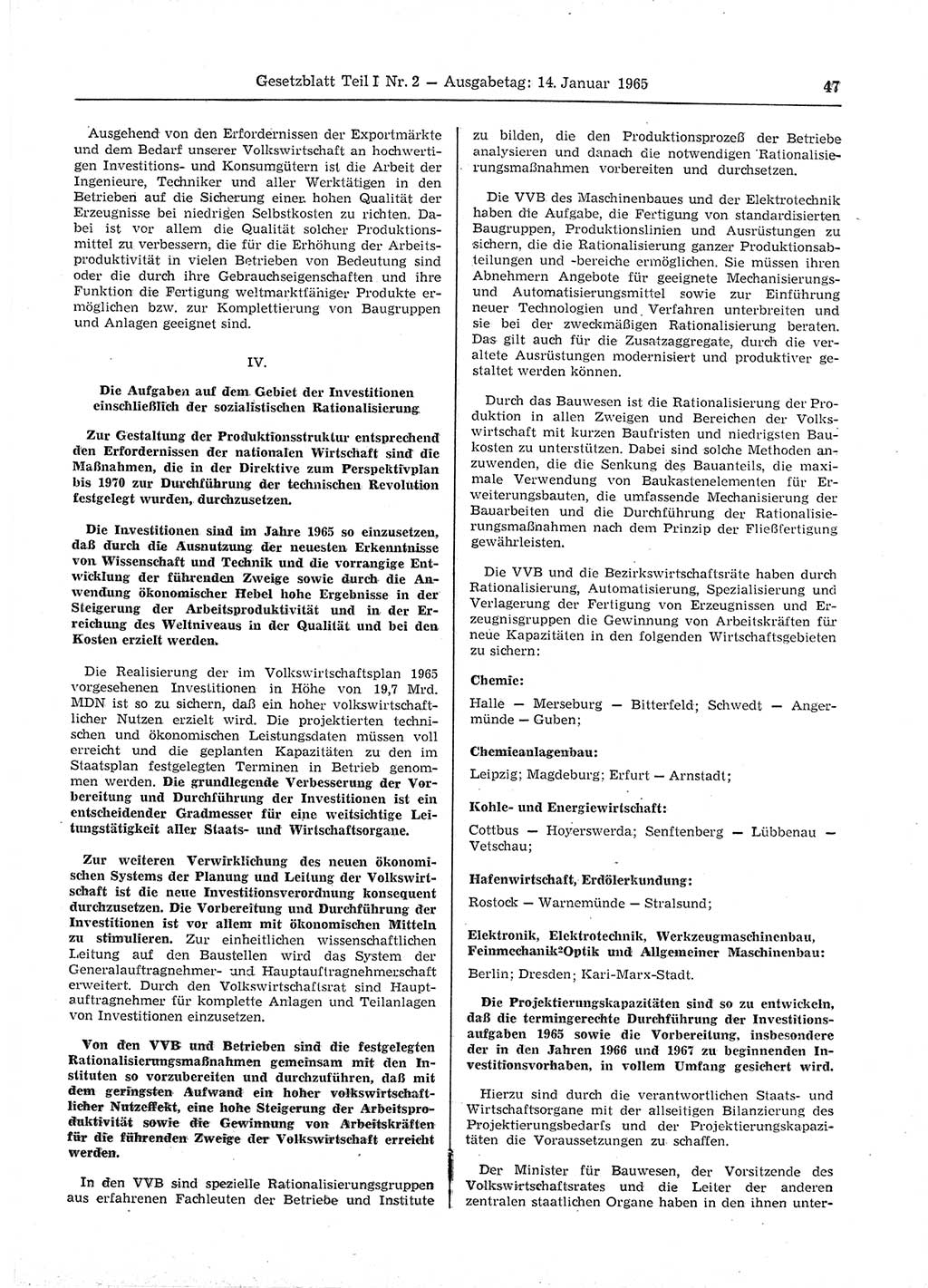 Gesetzblatt (GBl.) der Deutschen Demokratischen Republik (DDR) Teil Ⅰ 1965, Seite 47 (GBl. DDR Ⅰ 1965, S. 47)