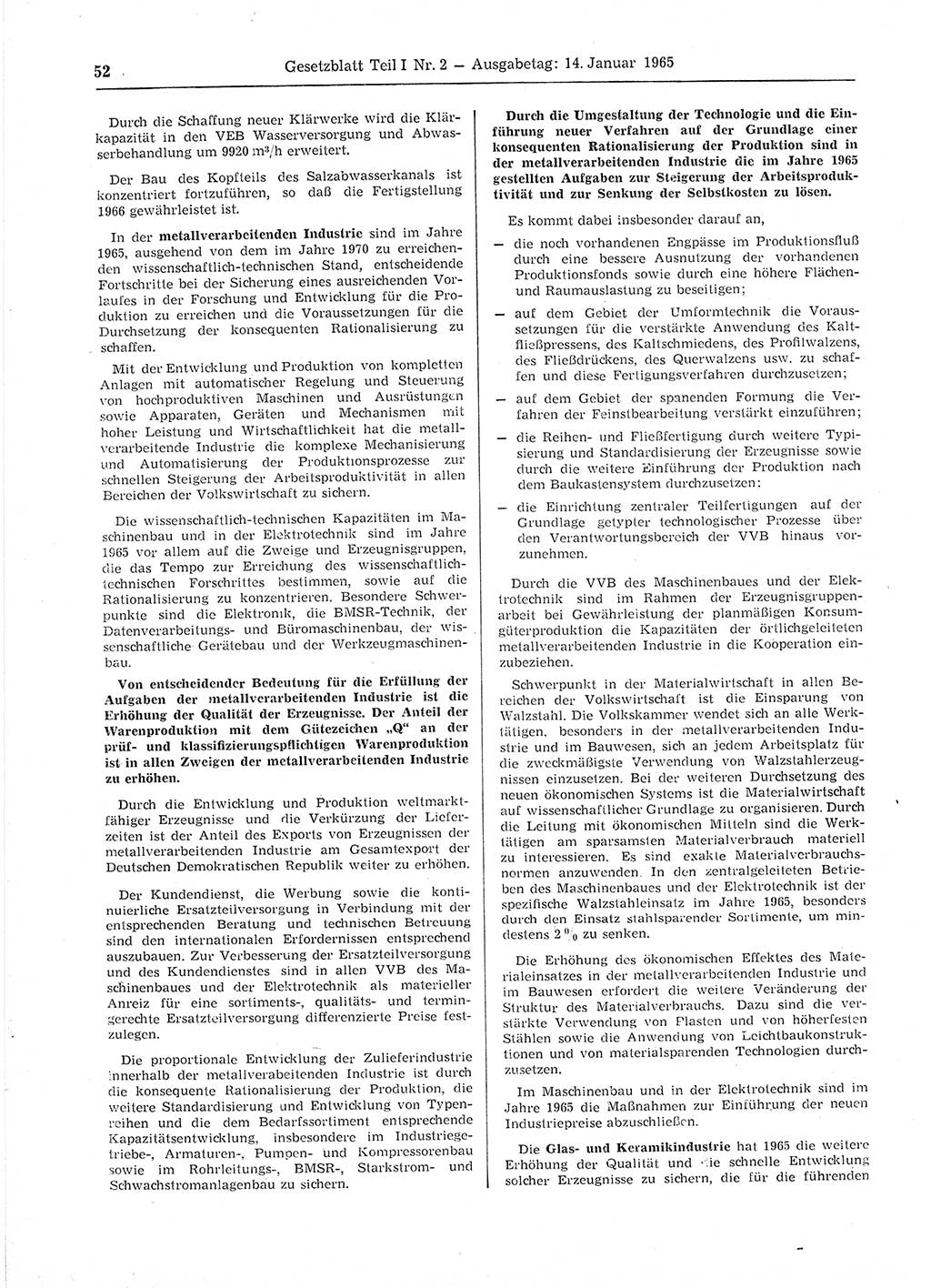 Gesetzblatt (GBl.) der Deutschen Demokratischen Republik (DDR) Teil Ⅰ 1965, Seite 52 (GBl. DDR Ⅰ 1965, S. 52)