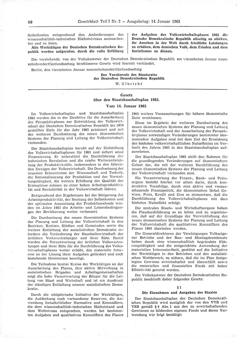 Gesetzblatt (GBl.) der Deutschen Demokratischen Republik (DDR) Teil Ⅰ 1965, Seite 60 (GBl. DDR Ⅰ 1965, S. 60)