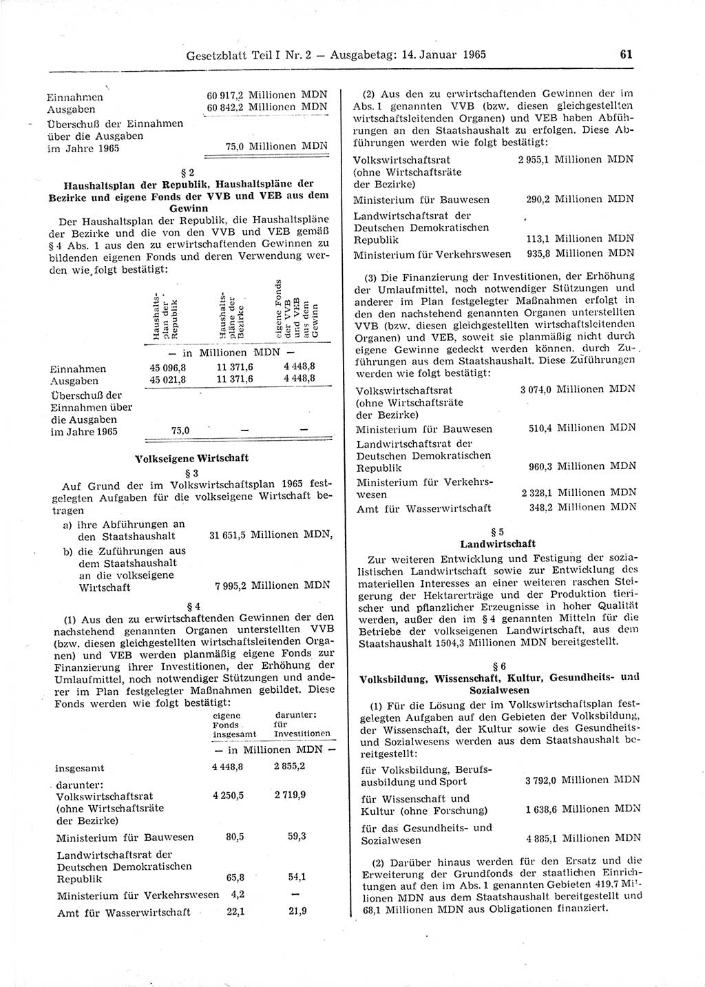 Gesetzblatt (GBl.) der Deutschen Demokratischen Republik (DDR) Teil Ⅰ 1965, Seite 61 (GBl. DDR Ⅰ 1965, S. 61)