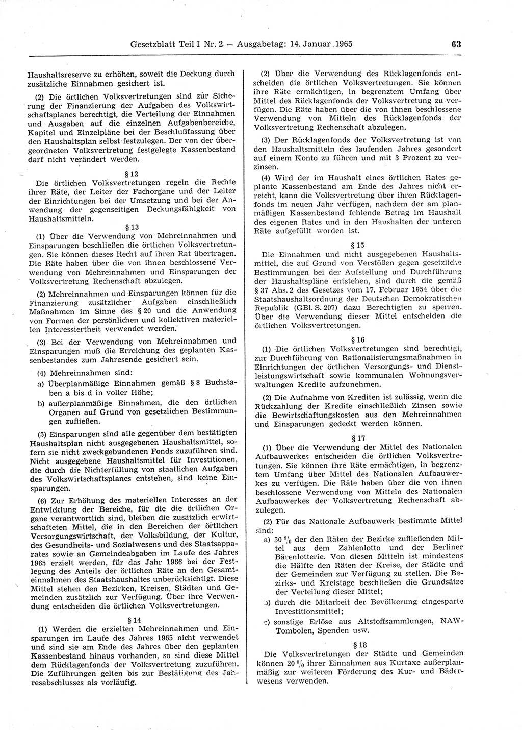 Gesetzblatt (GBl.) der Deutschen Demokratischen Republik (DDR) Teil Ⅰ 1965, Seite 63 (GBl. DDR Ⅰ 1965, S. 63)
