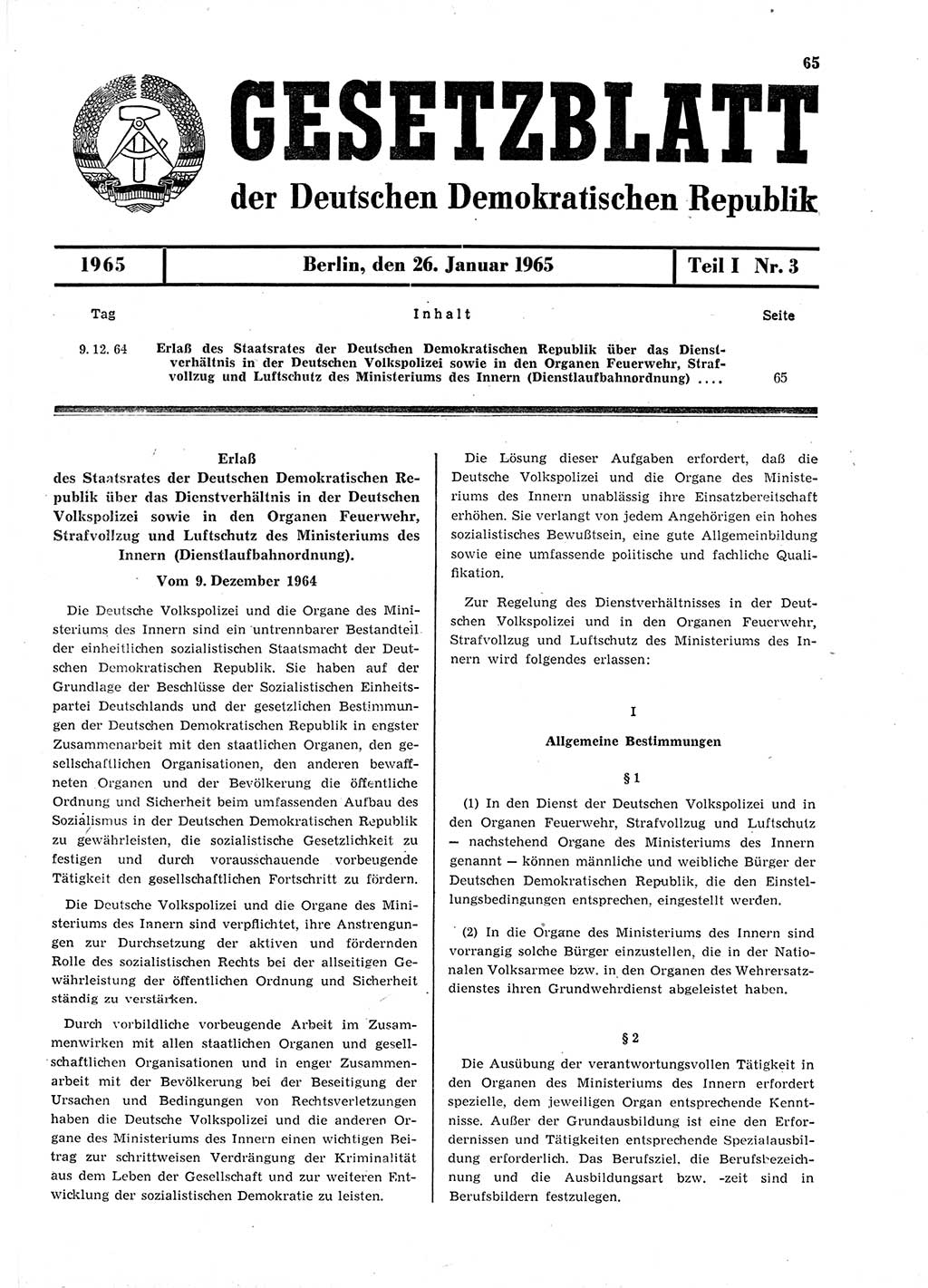 Gesetzblatt (GBl.) der Deutschen Demokratischen Republik (DDR) Teil Ⅰ 1965, Seite 65 (GBl. DDR Ⅰ 1965, S. 65)
