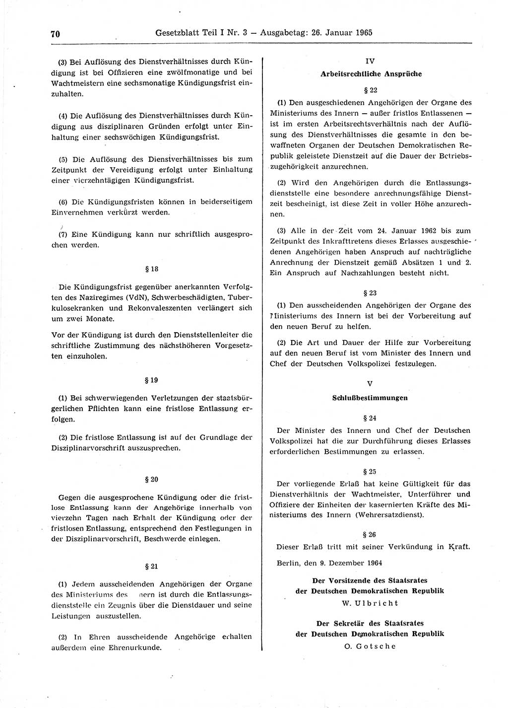 Gesetzblatt (GBl.) der Deutschen Demokratischen Republik (DDR) Teil Ⅰ 1965, Seite 70 (GBl. DDR Ⅰ 1965, S. 70)