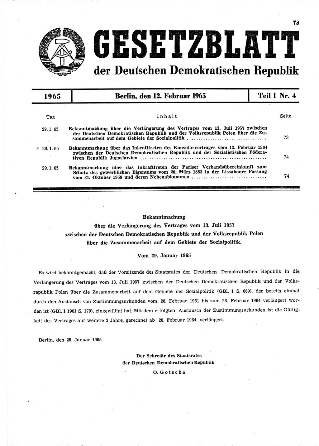 Gesetzblatt (GBl.) der Deutschen Demokratischen Republik (DDR) Teil Ⅰ 1965, Seite 73 (GBl. DDR Ⅰ 1965, S. 73)