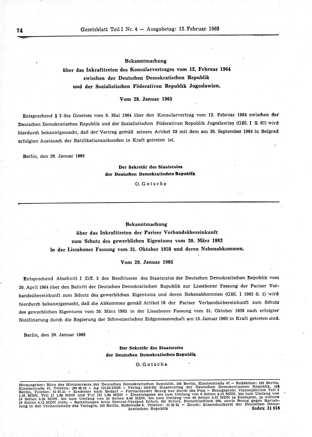 Gesetzblatt (GBl.) der Deutschen Demokratischen Republik (DDR) Teil Ⅰ 1965, Seite 74 (GBl. DDR Ⅰ 1965, S. 74)