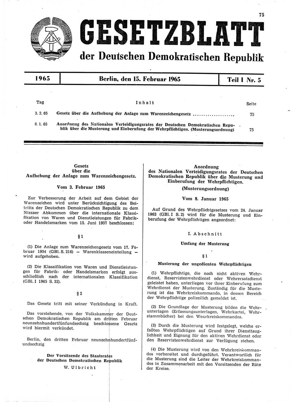 Gesetzblatt (GBl.) der Deutschen Demokratischen Republik (DDR) Teil Ⅰ 1965, Seite 75 (GBl. DDR Ⅰ 1965, S. 75)