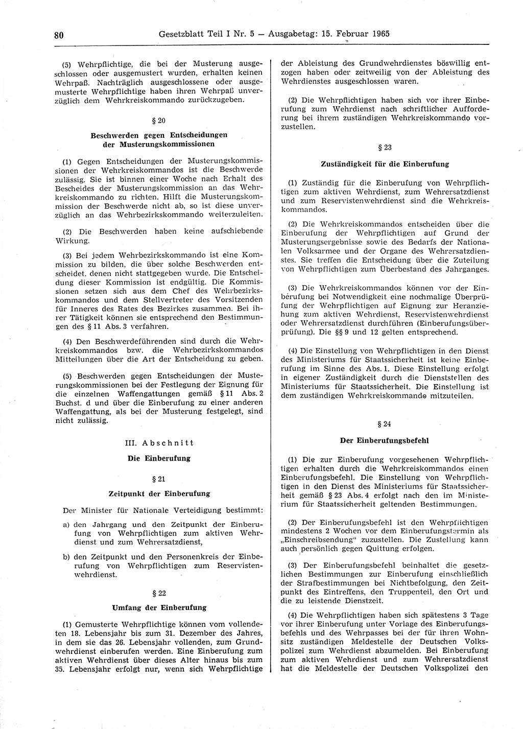 Gesetzblatt (GBl.) der Deutschen Demokratischen Republik (DDR) Teil Ⅰ 1965, Seite 80 (GBl. DDR Ⅰ 1965, S. 80)