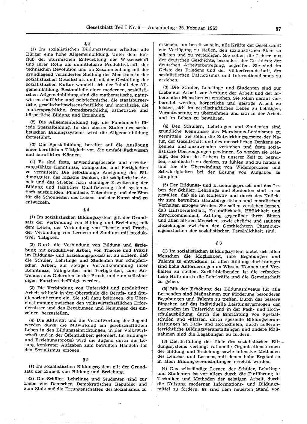 Gesetzblatt (GBl.) der Deutschen Demokratischen Republik (DDR) Teil Ⅰ 1965, Seite 87 (GBl. DDR Ⅰ 1965, S. 87)