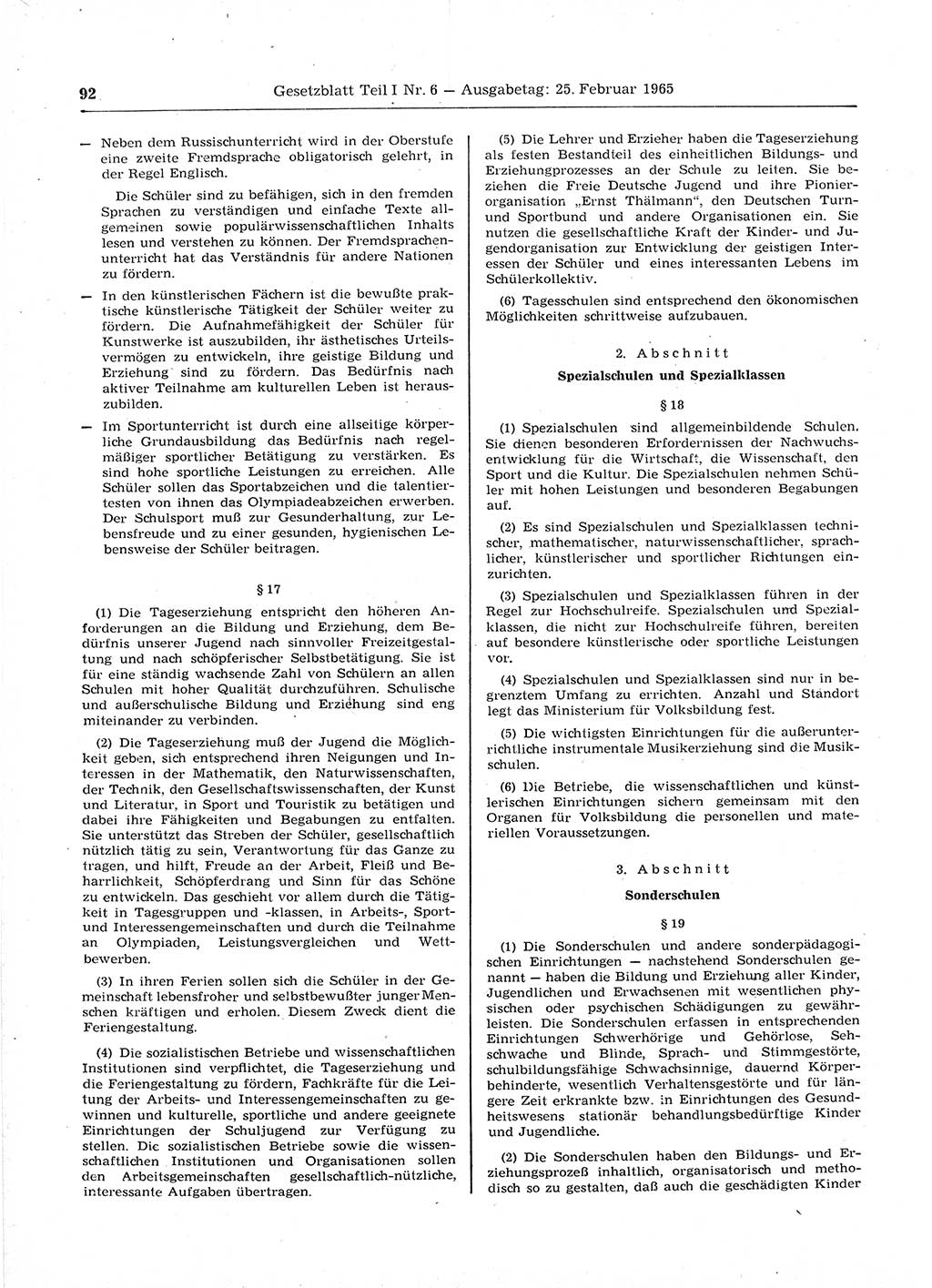 Gesetzblatt (GBl.) der Deutschen Demokratischen Republik (DDR) Teil Ⅰ 1965, Seite 92 (GBl. DDR Ⅰ 1965, S. 92)