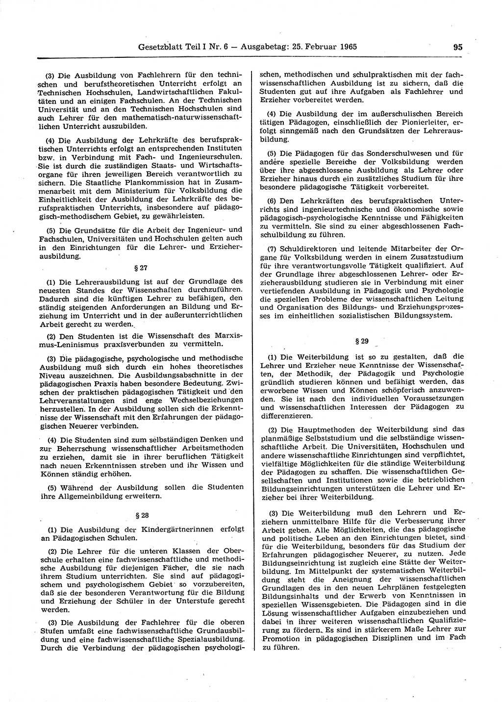 Gesetzblatt (GBl.) der Deutschen Demokratischen Republik (DDR) Teil Ⅰ 1965, Seite 95 (GBl. DDR Ⅰ 1965, S. 95)