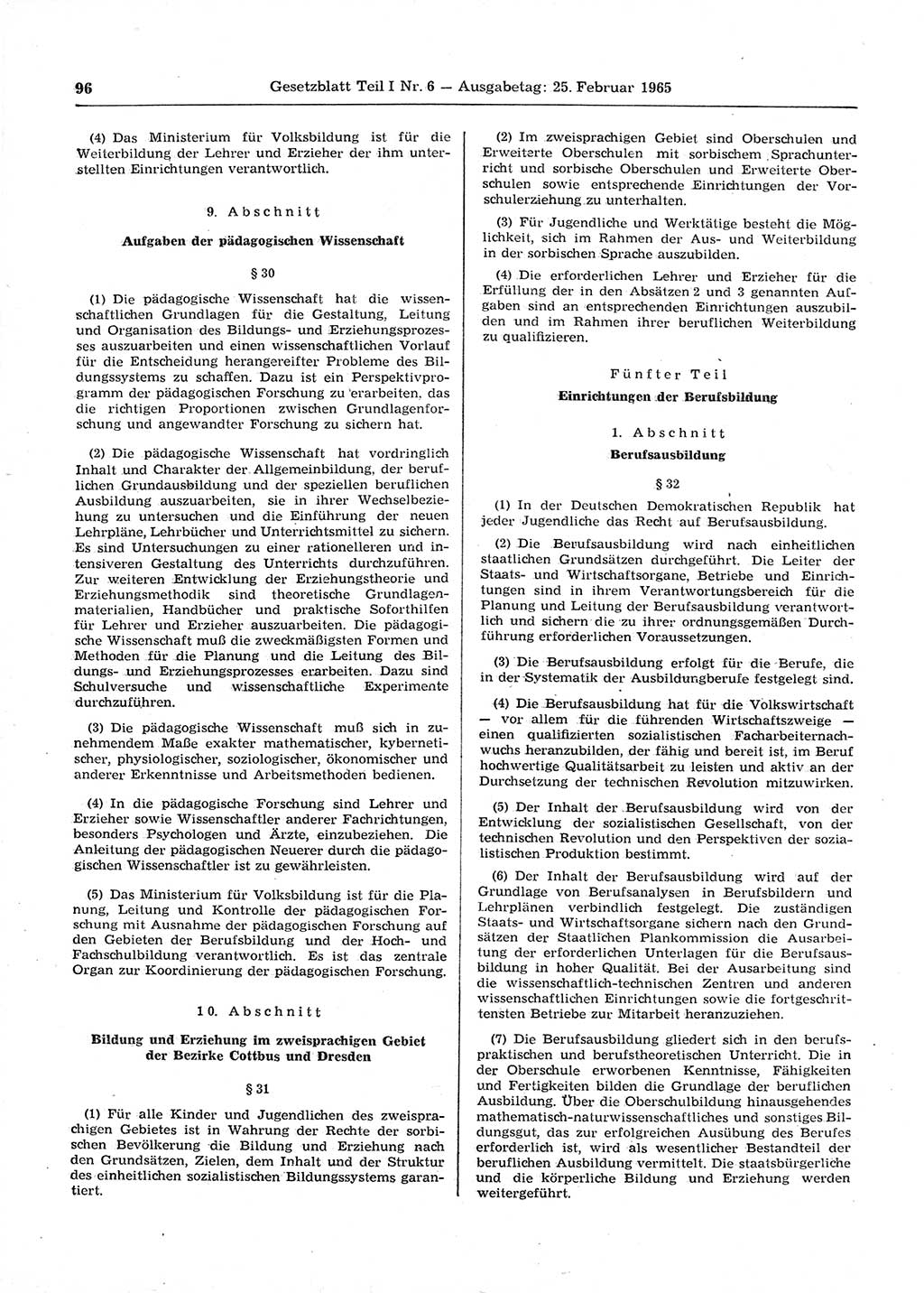 Gesetzblatt (GBl.) der Deutschen Demokratischen Republik (DDR) Teil Ⅰ 1965, Seite 96 (GBl. DDR Ⅰ 1965, S. 96)