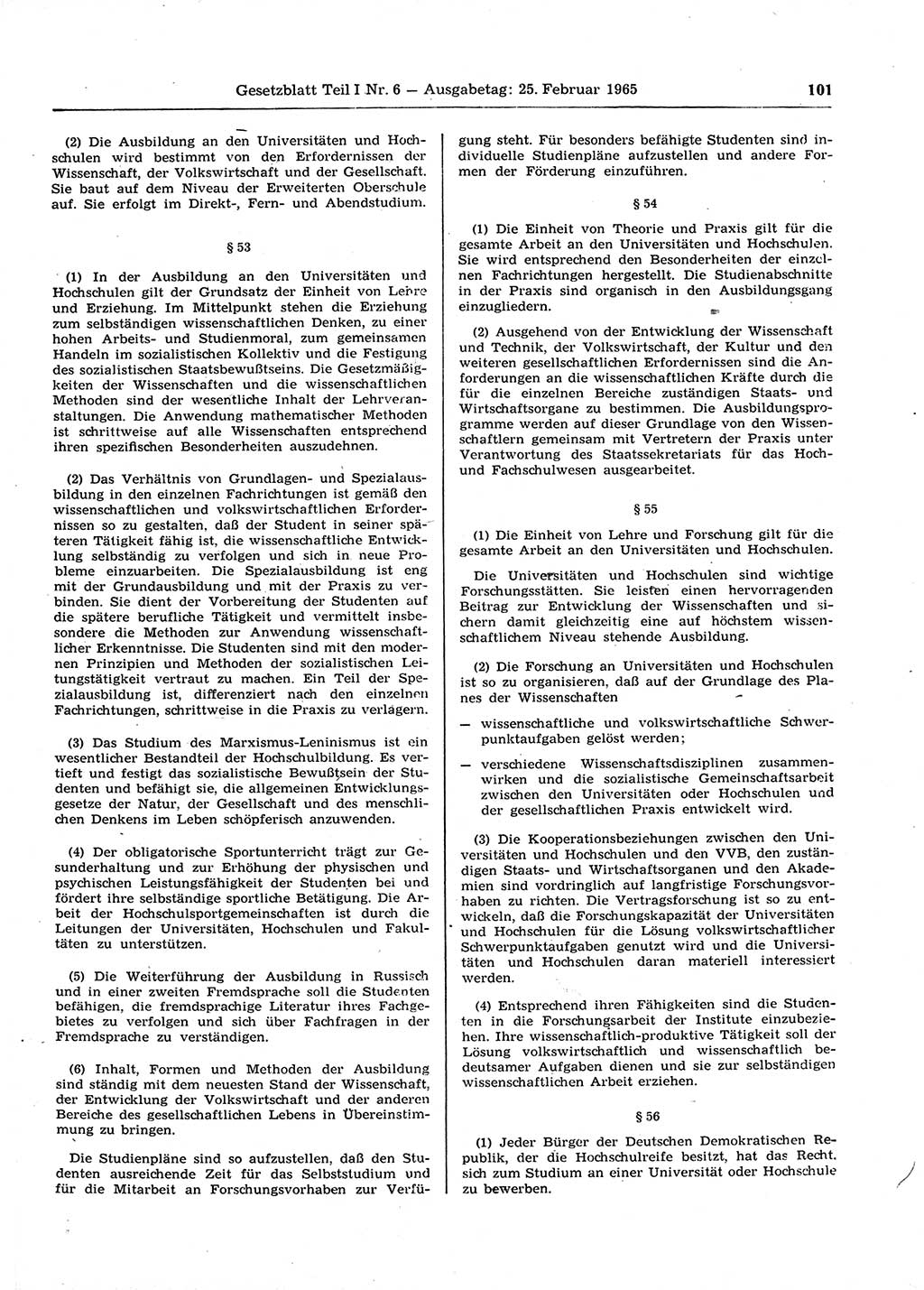Gesetzblatt (GBl.) der Deutschen Demokratischen Republik (DDR) Teil Ⅰ 1965, Seite 101 (GBl. DDR Ⅰ 1965, S. 101)