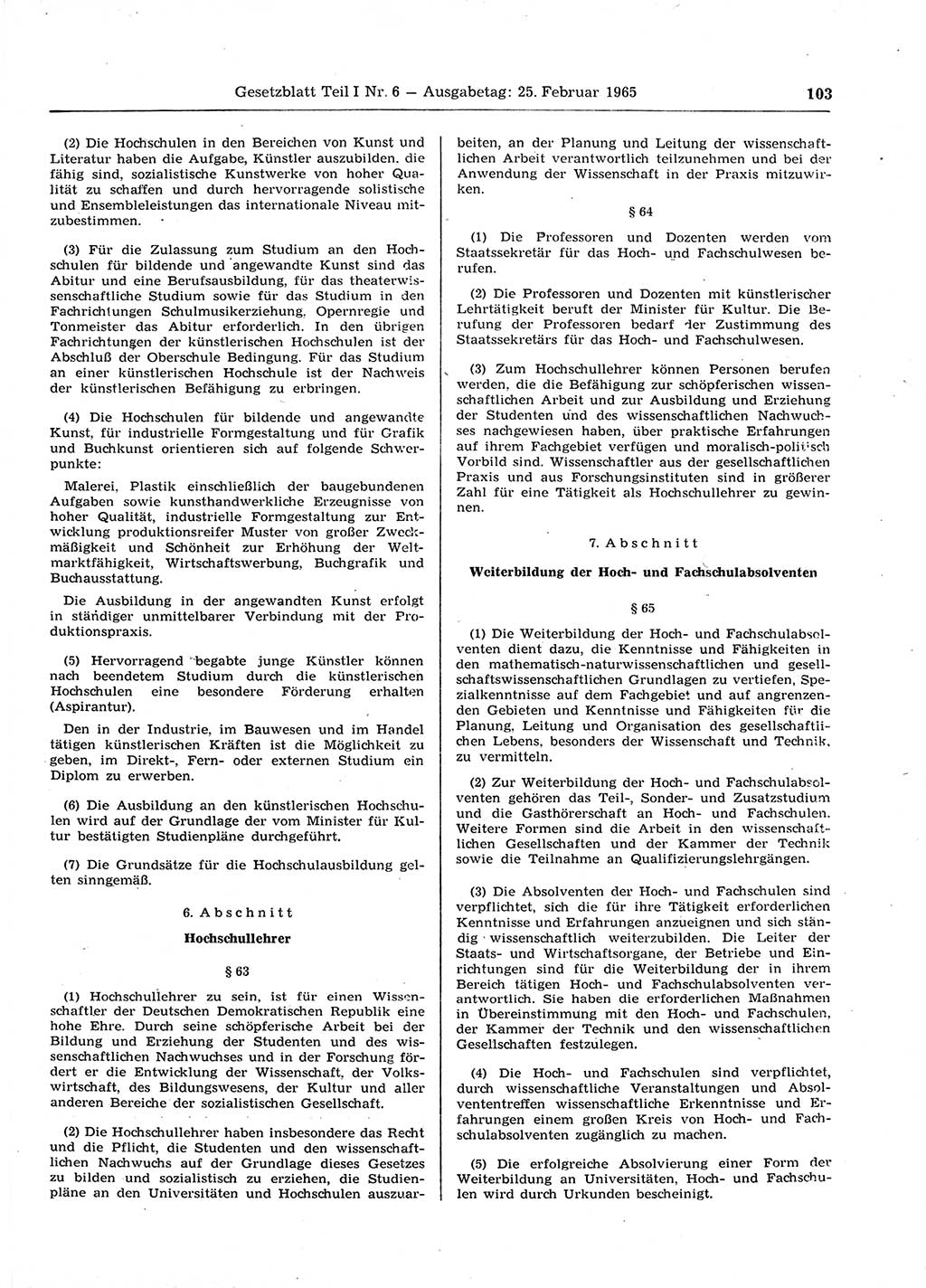 Gesetzblatt (GBl.) der Deutschen Demokratischen Republik (DDR) Teil Ⅰ 1965, Seite 103 (GBl. DDR Ⅰ 1965, S. 103)