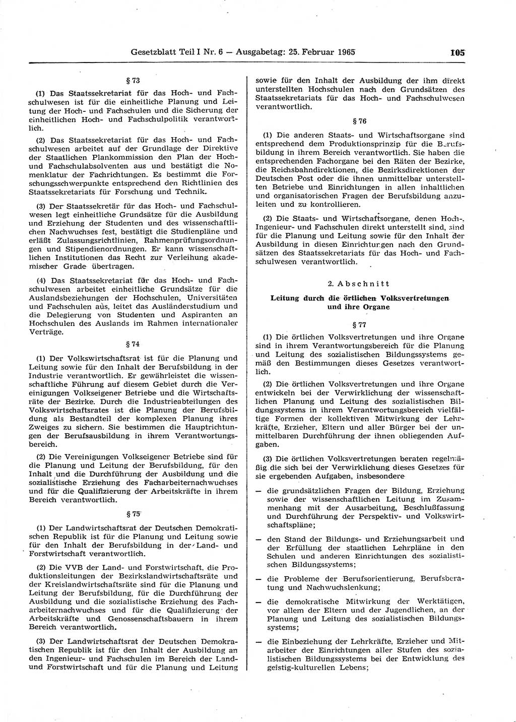 Gesetzblatt (GBl.) der Deutschen Demokratischen Republik (DDR) Teil Ⅰ 1965, Seite 105 (GBl. DDR Ⅰ 1965, S. 105)