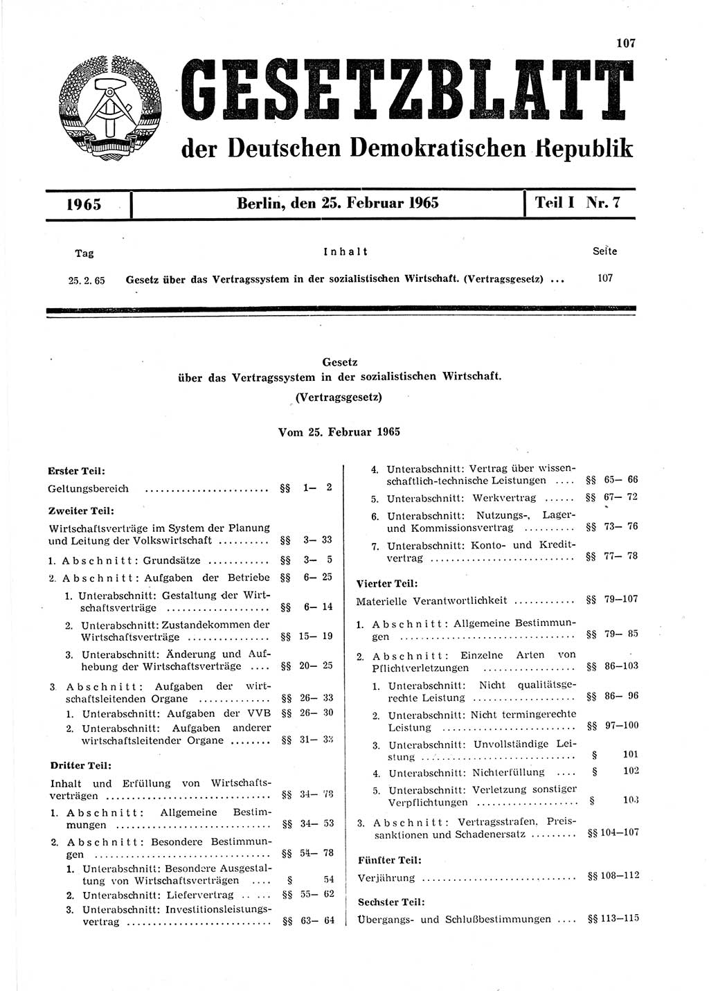 Gesetzblatt (GBl.) der Deutschen Demokratischen Republik (DDR) Teil Ⅰ 1965, Seite 107 (GBl. DDR Ⅰ 1965, S. 107)