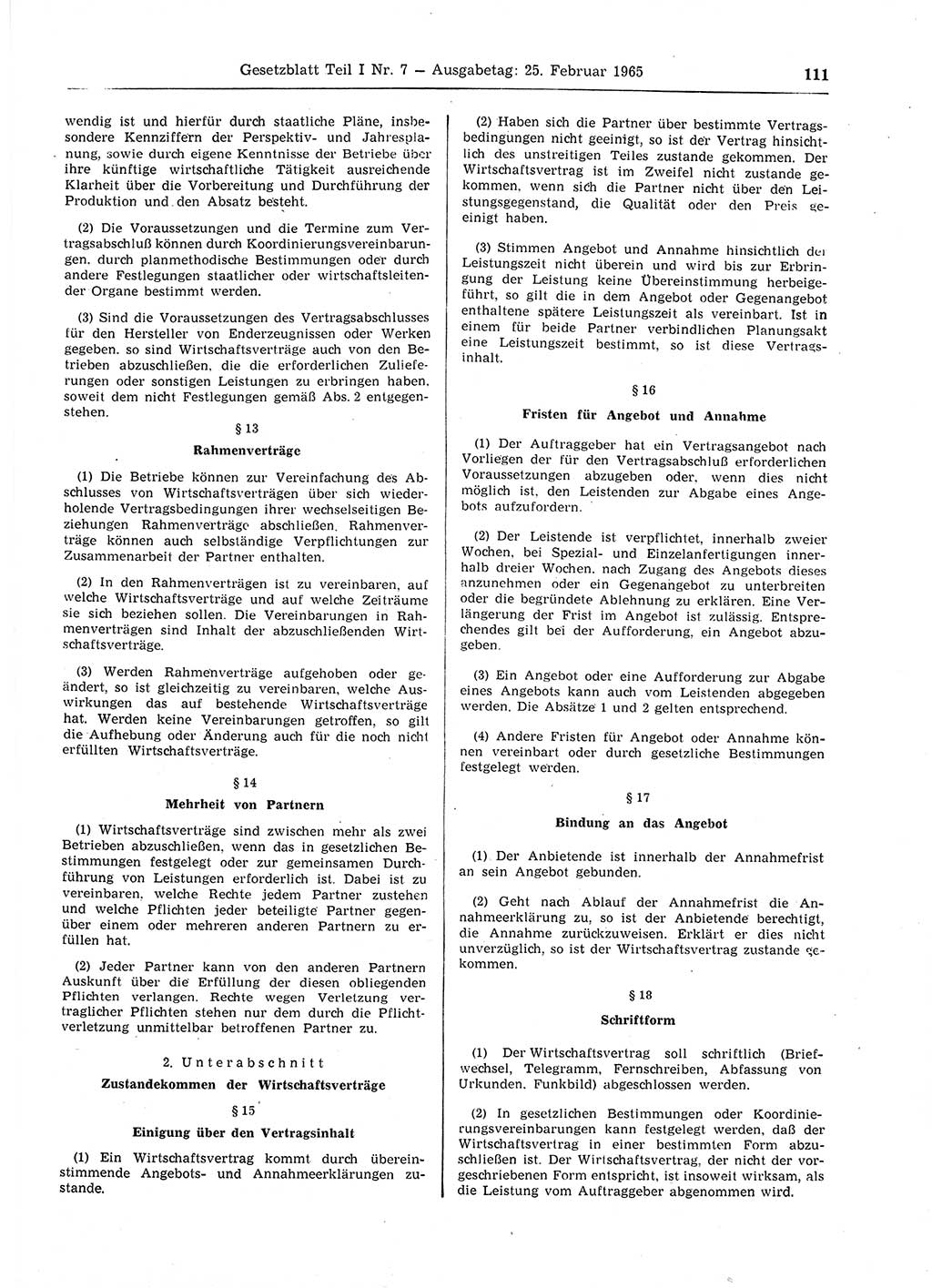 Gesetzblatt (GBl.) der Deutschen Demokratischen Republik (DDR) Teil Ⅰ 1965, Seite 111 (GBl. DDR Ⅰ 1965, S. 111)