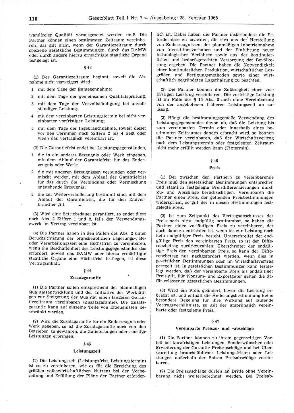 Gesetzblatt (GBl.) der Deutschen Demokratischen Republik (DDR) Teil Ⅰ 1965, Seite 116 (GBl. DDR Ⅰ 1965, S. 116)