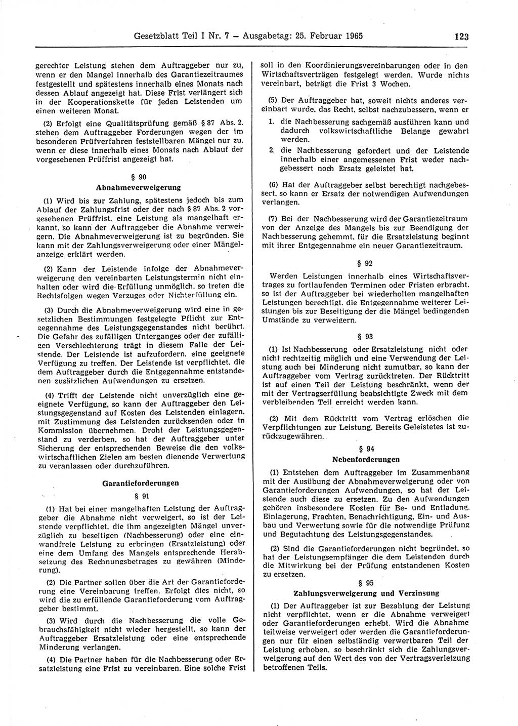 Gesetzblatt (GBl.) der Deutschen Demokratischen Republik (DDR) Teil Ⅰ 1965, Seite 123 (GBl. DDR Ⅰ 1965, S. 123)