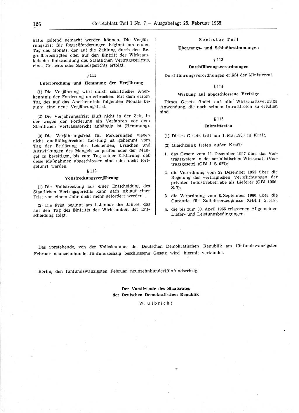 Gesetzblatt (GBl.) der Deutschen Demokratischen Republik (DDR) Teil Ⅰ 1965, Seite 126 (GBl. DDR Ⅰ 1965, S. 126)