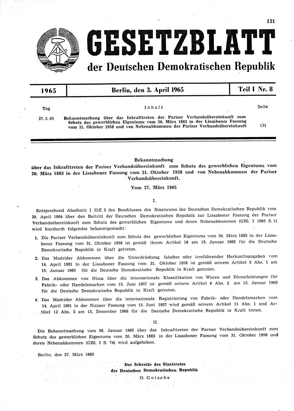 Gesetzblatt (GBl.) der Deutschen Demokratischen Republik (DDR) Teil Ⅰ 1965, Seite 131 (GBl. DDR Ⅰ 1965, S. 131)