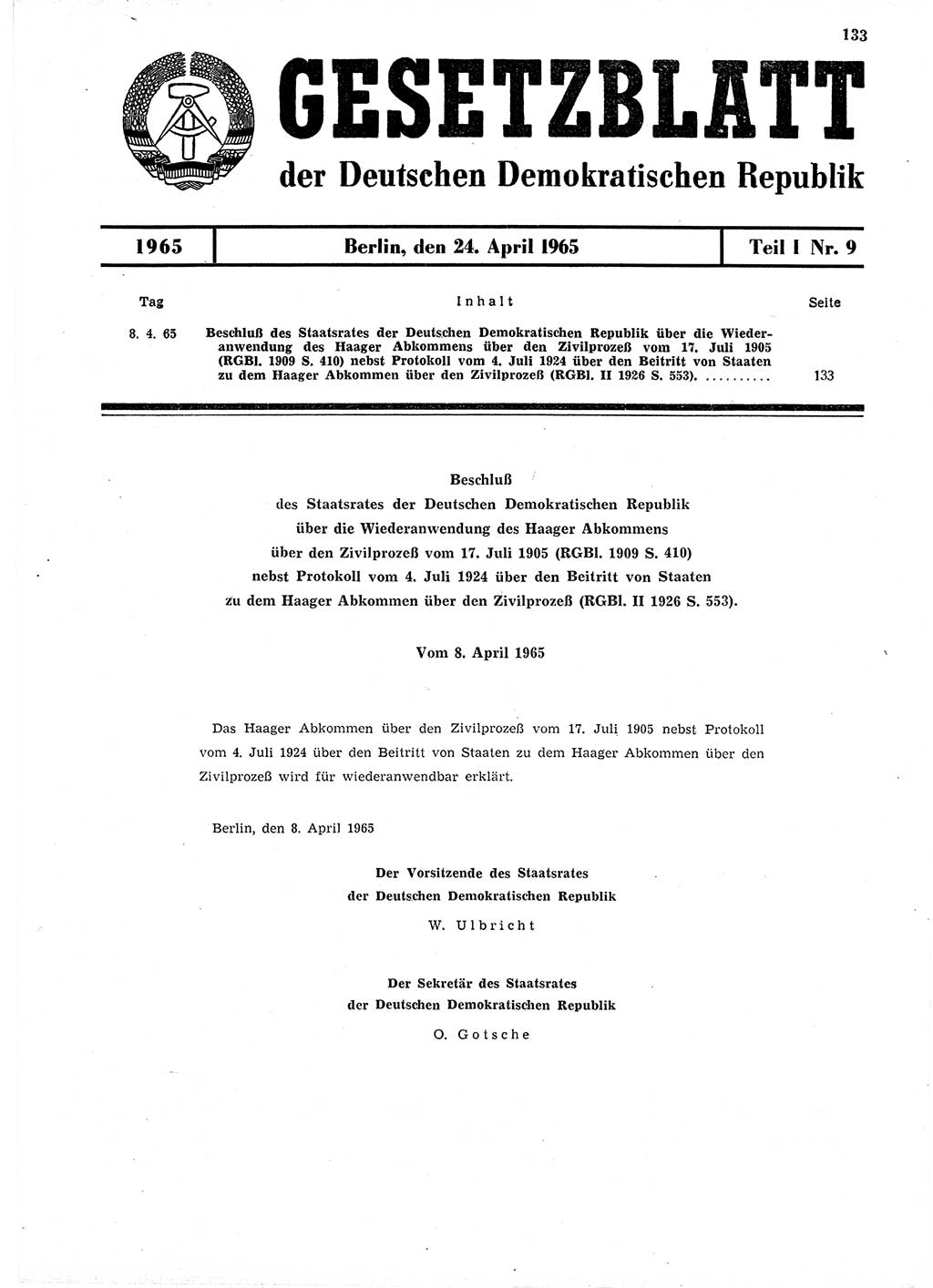 Gesetzblatt (GBl.) der Deutschen Demokratischen Republik (DDR) Teil Ⅰ 1965, Seite 133 (GBl. DDR Ⅰ 1965, S. 133)