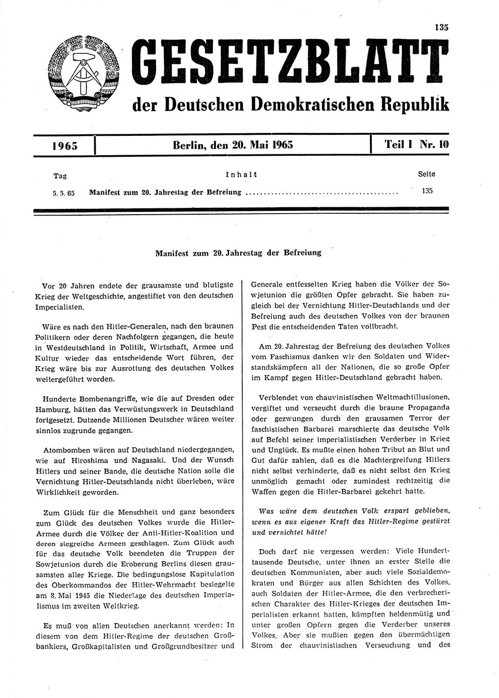 Gesetzblatt (GBl.) der Deutschen Demokratischen Republik (DDR) Teil Ⅰ 1965, Seite 135 (GBl. DDR Ⅰ 1965, S. 135)