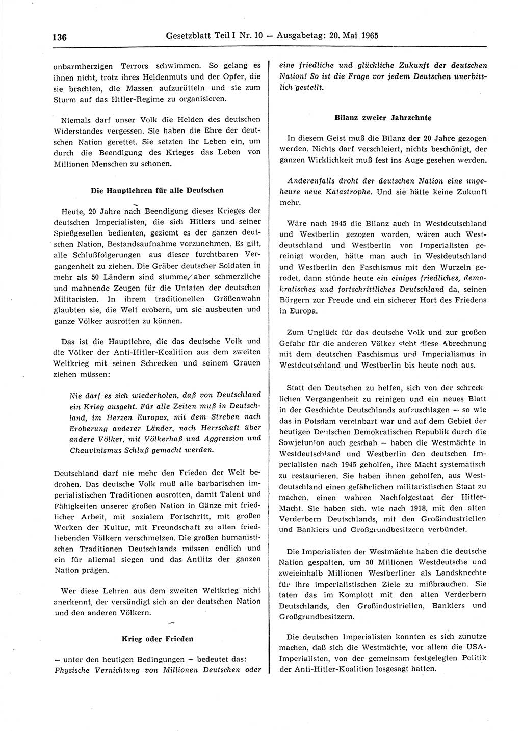 Gesetzblatt (GBl.) der Deutschen Demokratischen Republik (DDR) Teil Ⅰ 1965, Seite 136 (GBl. DDR Ⅰ 1965, S. 136)