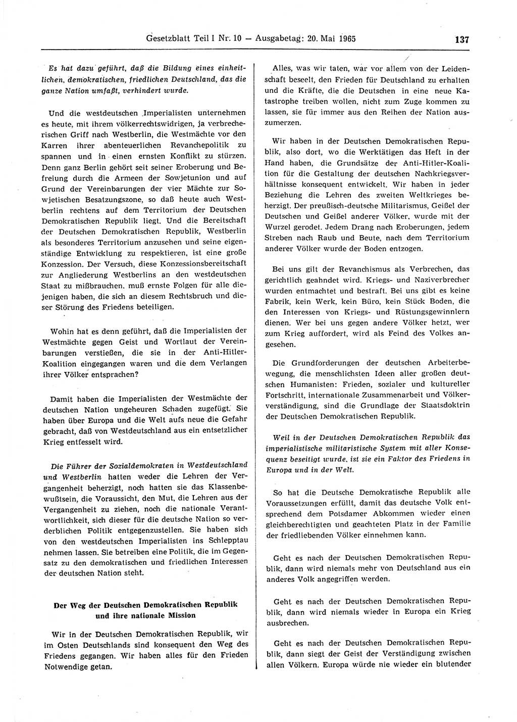 Gesetzblatt (GBl.) der Deutschen Demokratischen Republik (DDR) Teil Ⅰ 1965, Seite 137 (GBl. DDR Ⅰ 1965, S. 137)