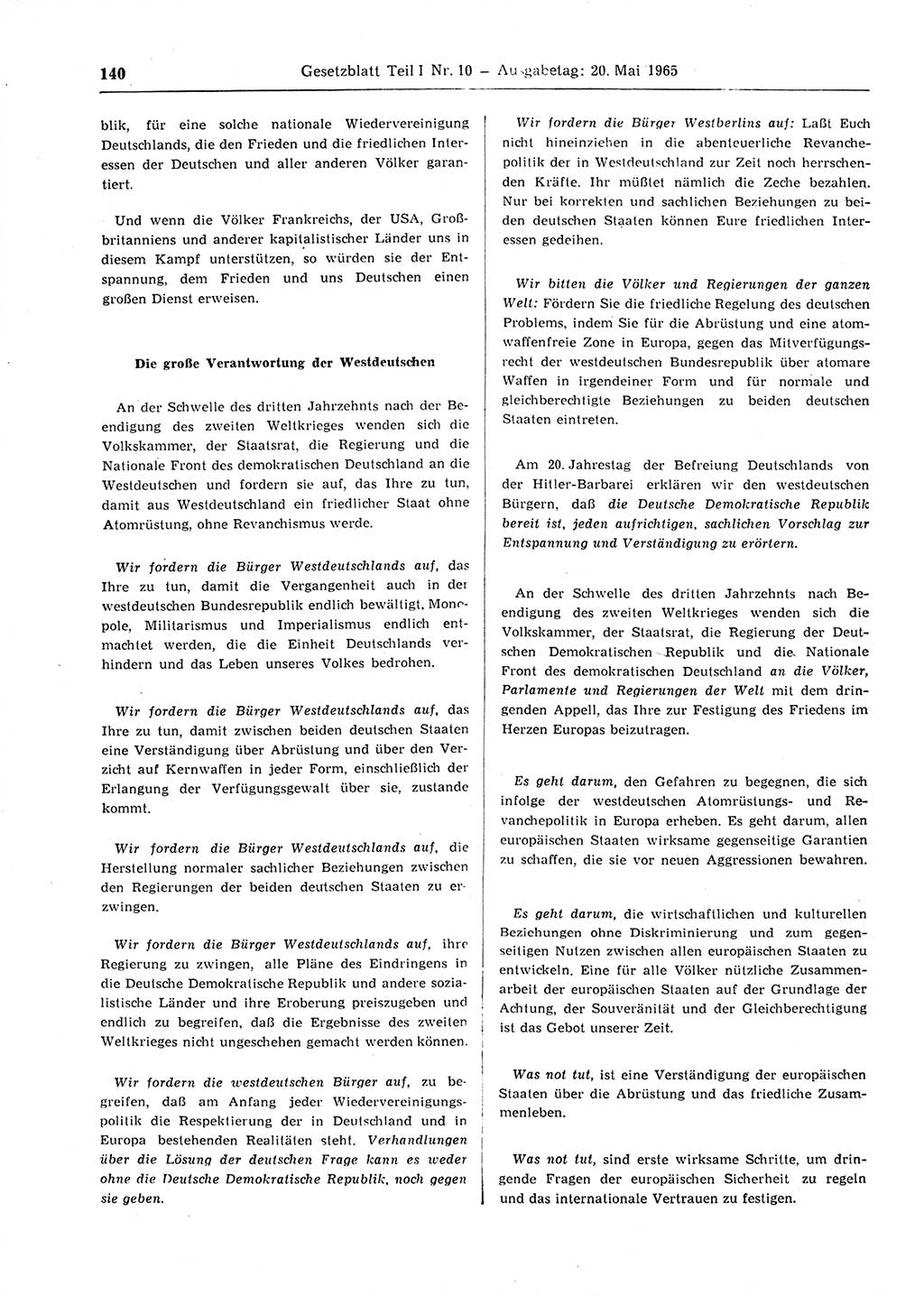 Gesetzblatt (GBl.) der Deutschen Demokratischen Republik (DDR) Teil Ⅰ 1965, Seite 140 (GBl. DDR Ⅰ 1965, S. 140)