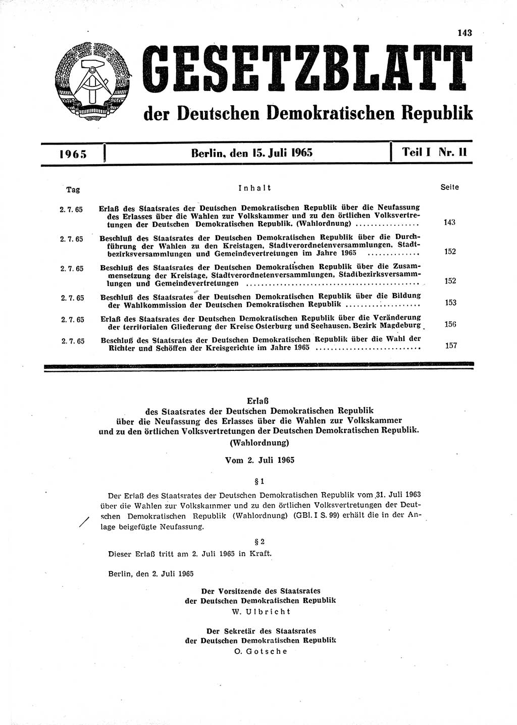 Gesetzblatt (GBl.) der Deutschen Demokratischen Republik (DDR) Teil Ⅰ 1965, Seite 143 (GBl. DDR Ⅰ 1965, S. 143)