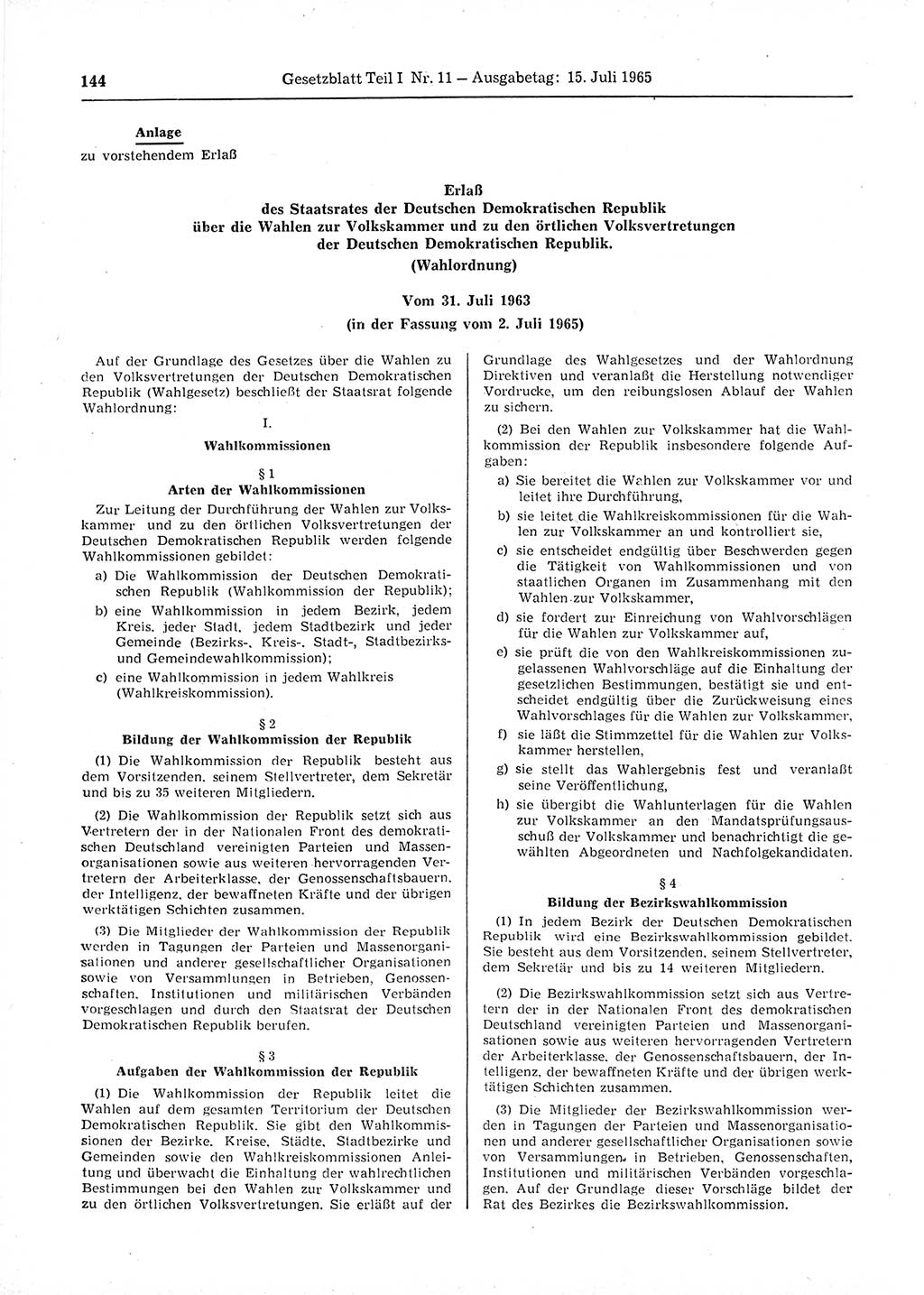 Gesetzblatt (GBl.) der Deutschen Demokratischen Republik (DDR) Teil Ⅰ 1965, Seite 144 (GBl. DDR Ⅰ 1965, S. 144)